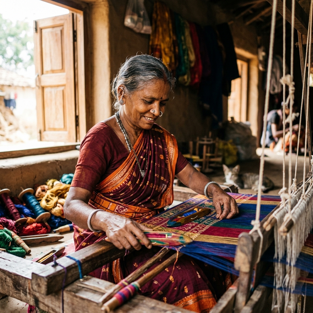Rural woman artisan working on handloom