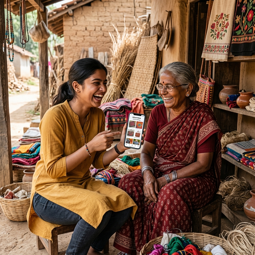 Student storyteller with village artisan